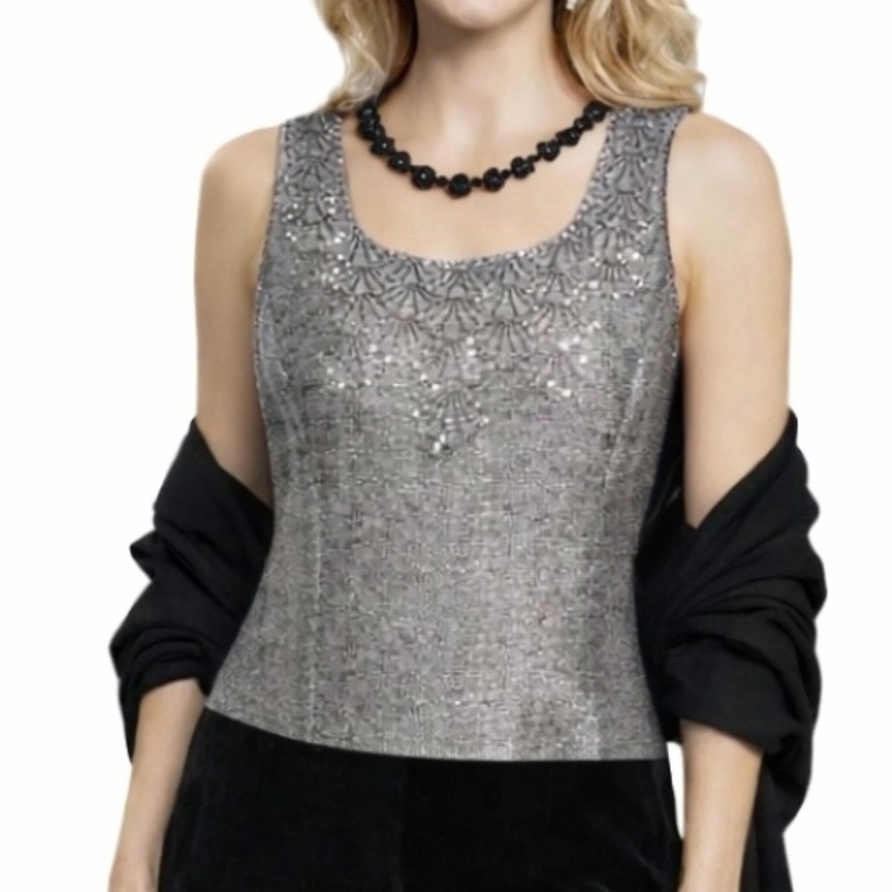 Tahari Arthur S Levine Metallic Silver Special Occasion Tank Top 12 Petite